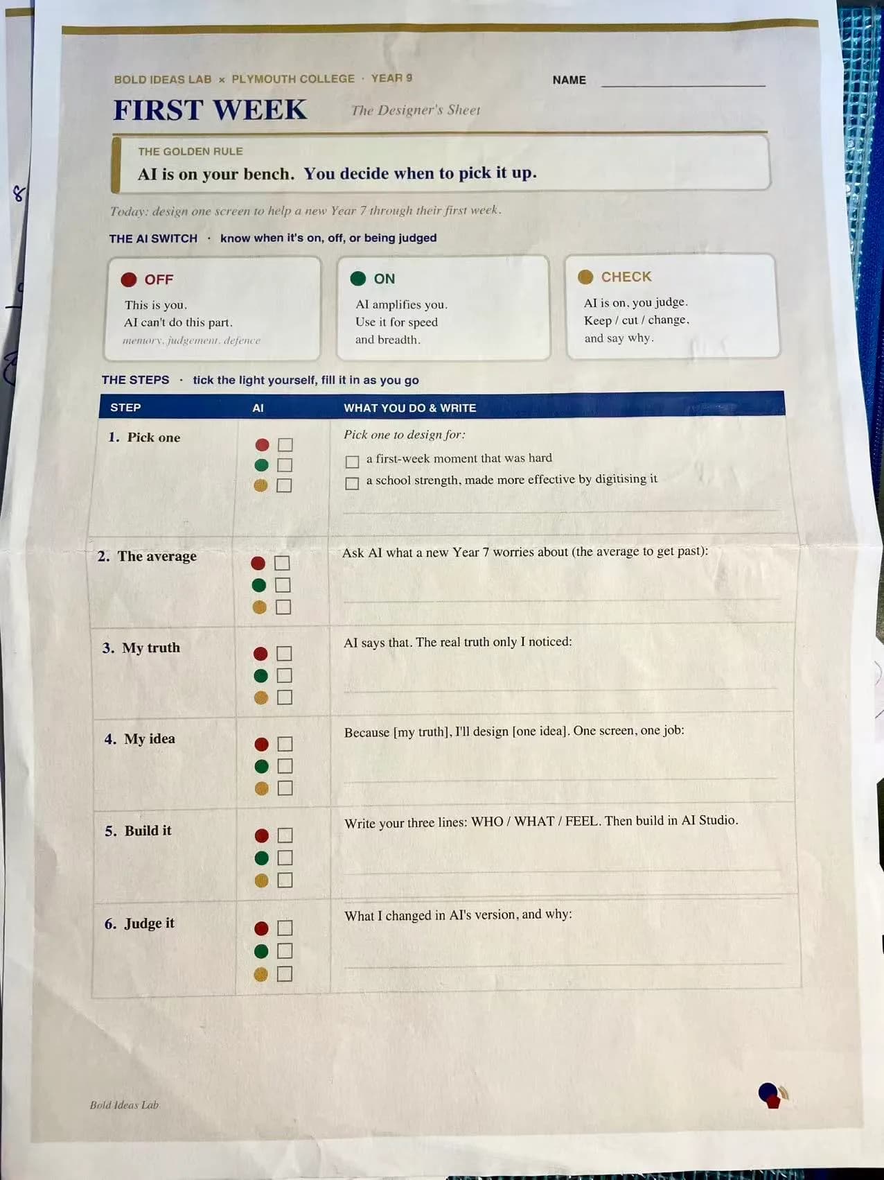 The First Week designer's sheet used in the lesson